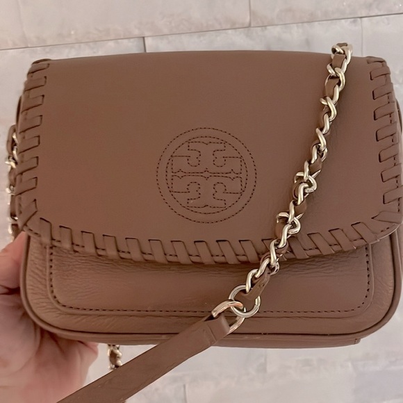 Tory Burch Mini Marion Crossbody Purse Camel Leather Authentic - Picture 3 of 12